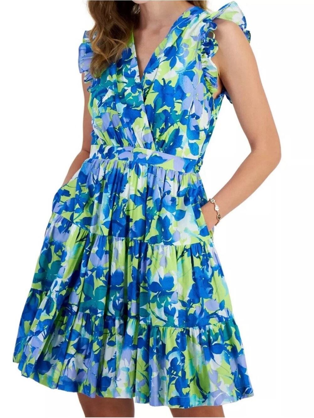 Taylor A-Line V-Neck Tiered Floral Dress Blue Green Small
